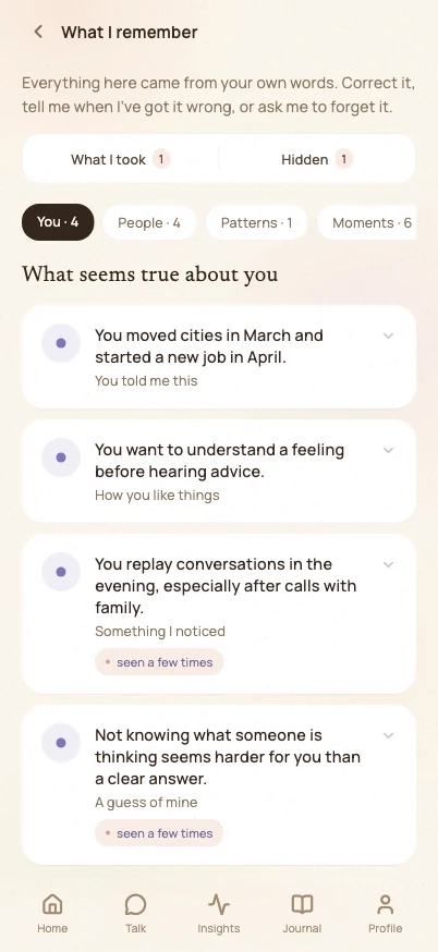 The memory screen: what seems true about you, each line tagged with where it came from — you told me this, something I noticed, a guess of mine.